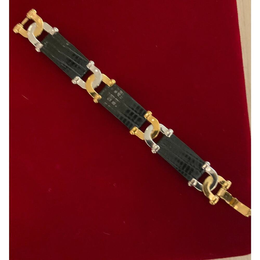 Vintage Burberry Black Leather Silver and Gold Link Bracelet